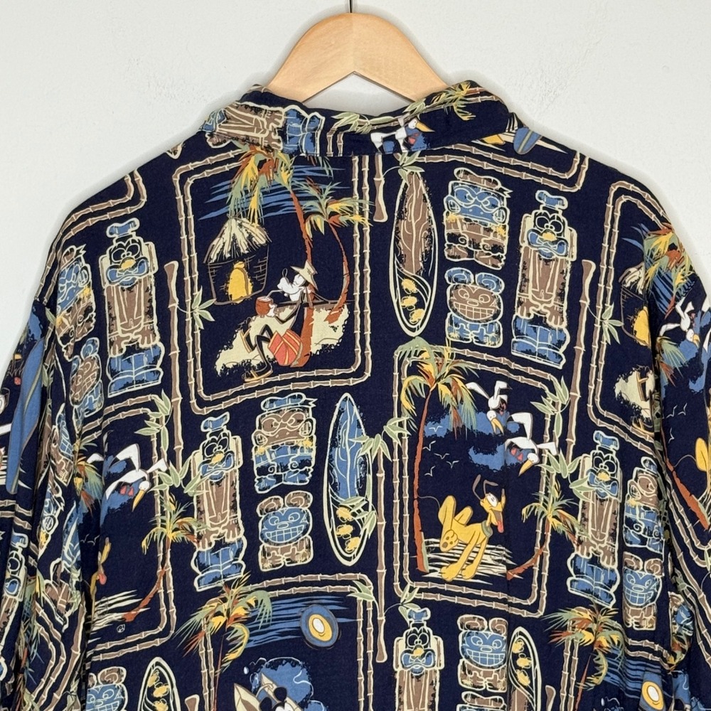 Disney Store Hawaiian Shirt Mens L Navy Rayon Tiki Surf Mickey Pluto Y2k 2000s View 5